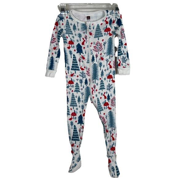 Tea 9-12 one piece Winter footsie pajamas mushrooms, trees & fairies zip front - Picture 1 of 8